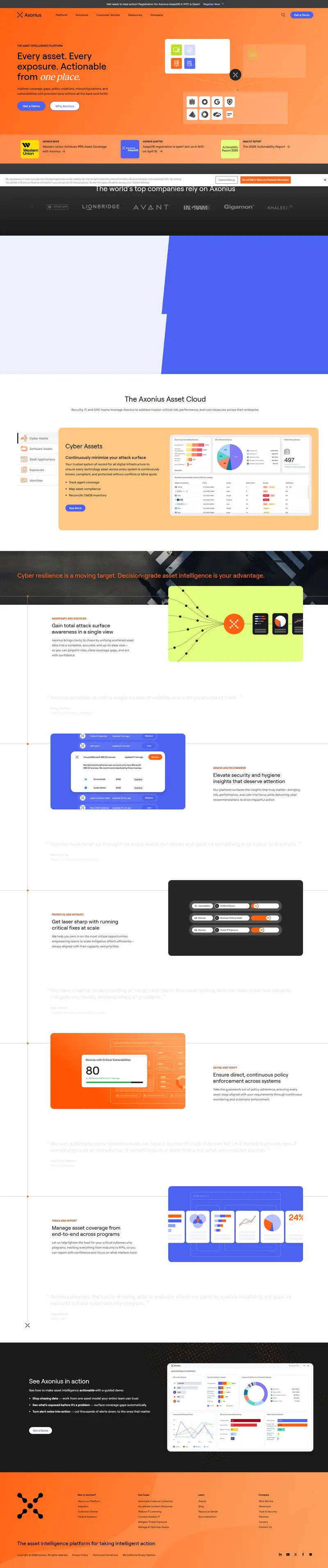The Actionability Platform for Intelligent Action | Axonius.com website screenshot