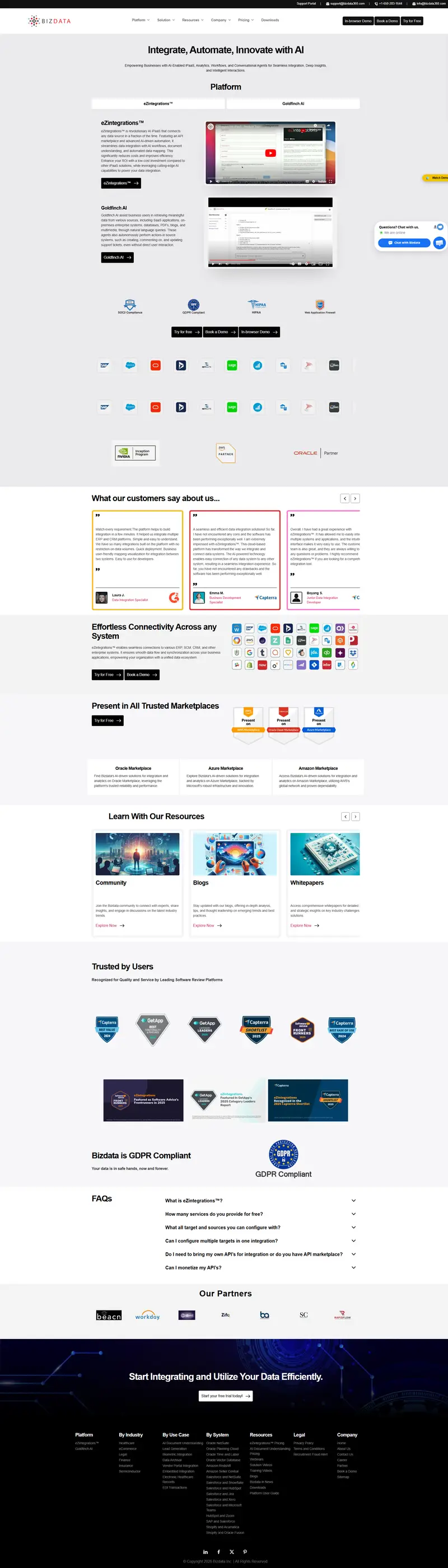 Bizdata | No-code AI Data Integration & AI Agent Platform website screenshot