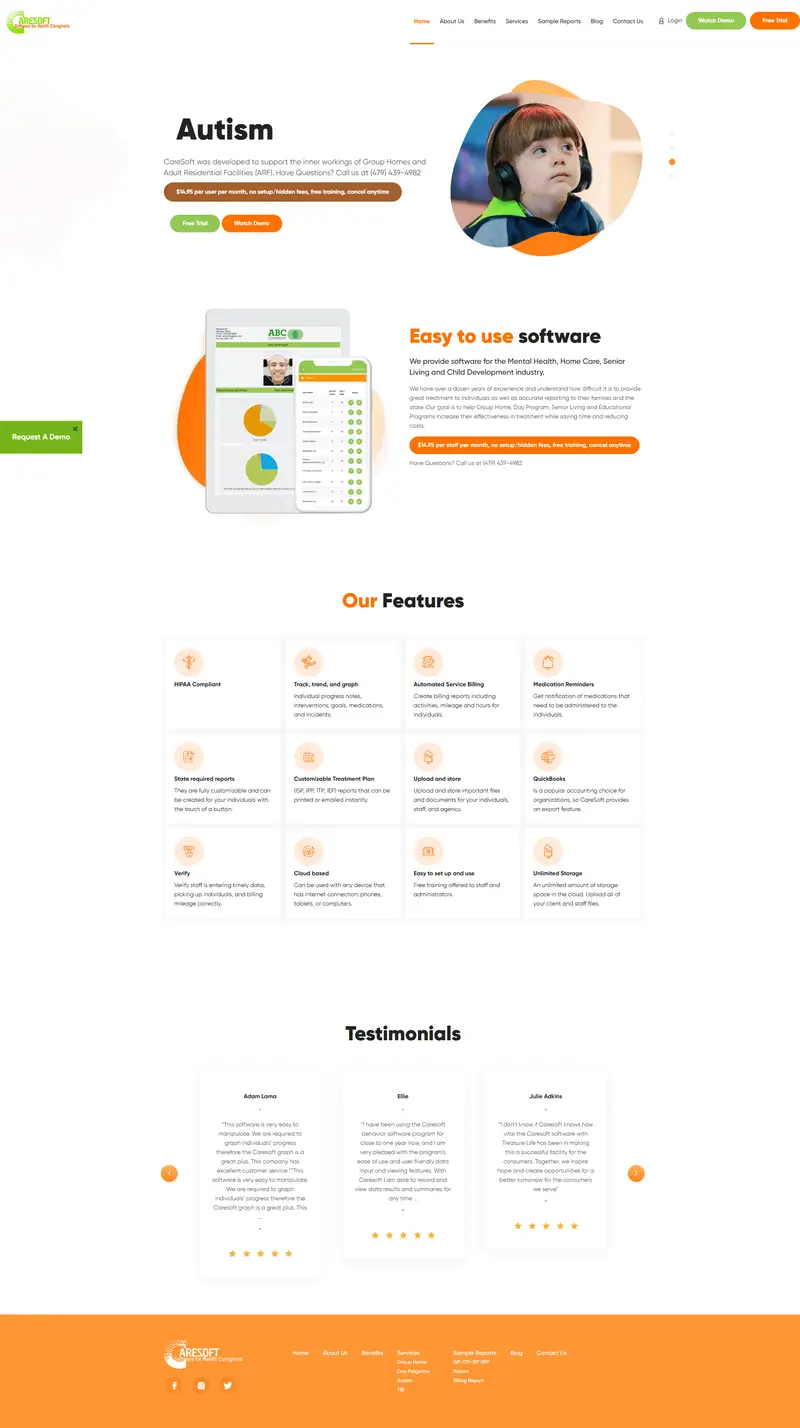 Special Needs Software | Mental Health Software | Group Home Software | Day Program Software - We provide easy to use software for the Special Needs industry. CareSoft was developed to support the inner workings of Group Homes and Adult Residential Facilities (ARF). website screenshot