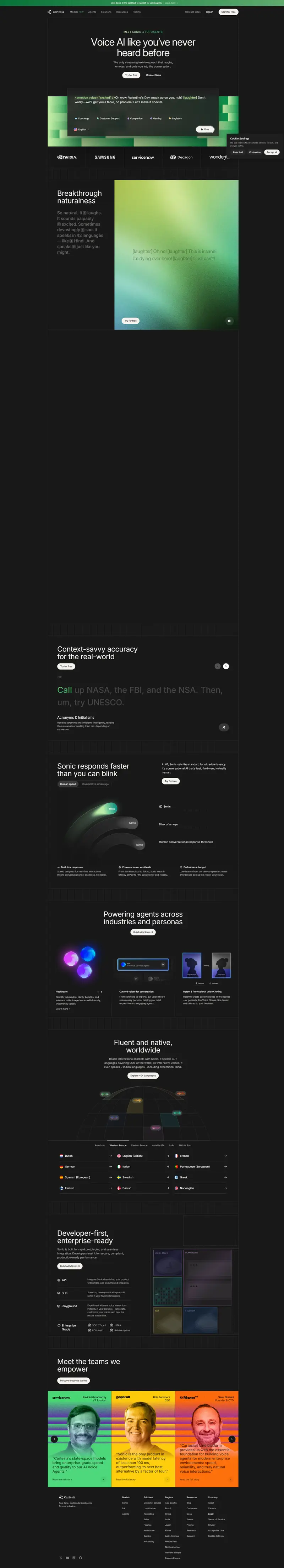 Real-time TTS API with AI laughter and emotion | Cartesia Sonic-3 website screenshot