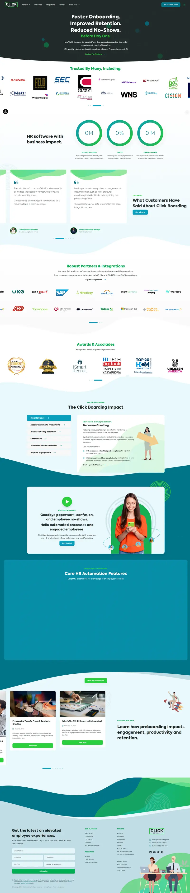 Click Boarding: Improve Retention. Reduce No-Shows. Before Day One! website screenshot
