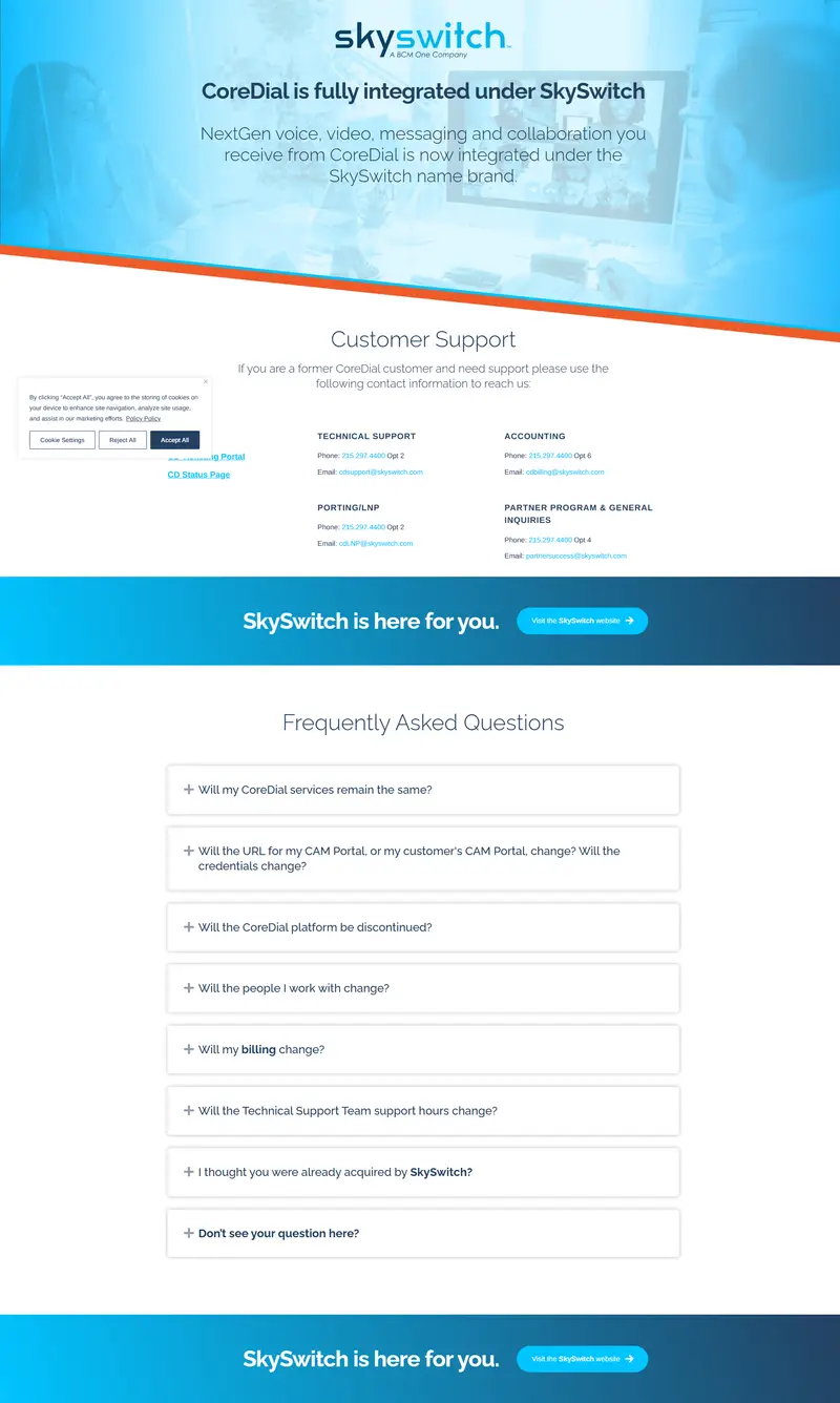 CoreDial – CoreDial is now part of SkySwitch website screenshot
