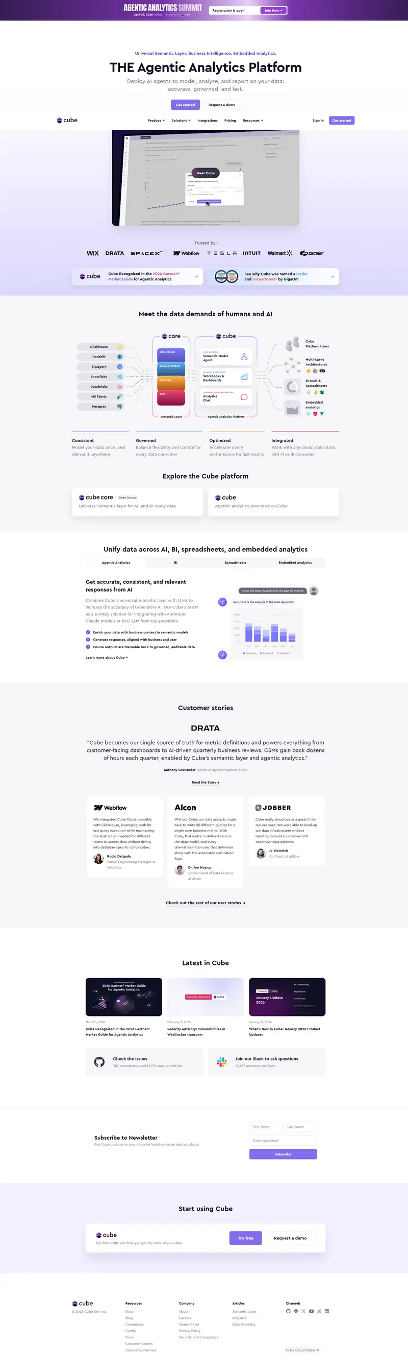 Cube: Agentic Analytics Platform website screenshot