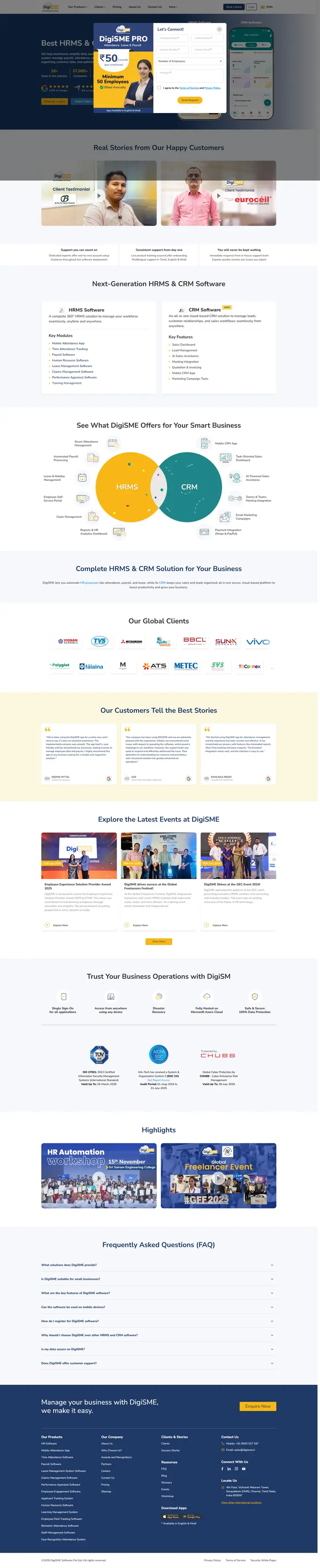 Cloud-Based HRMS & CRM Software for all Businesses in India | DigiSME website screenshot