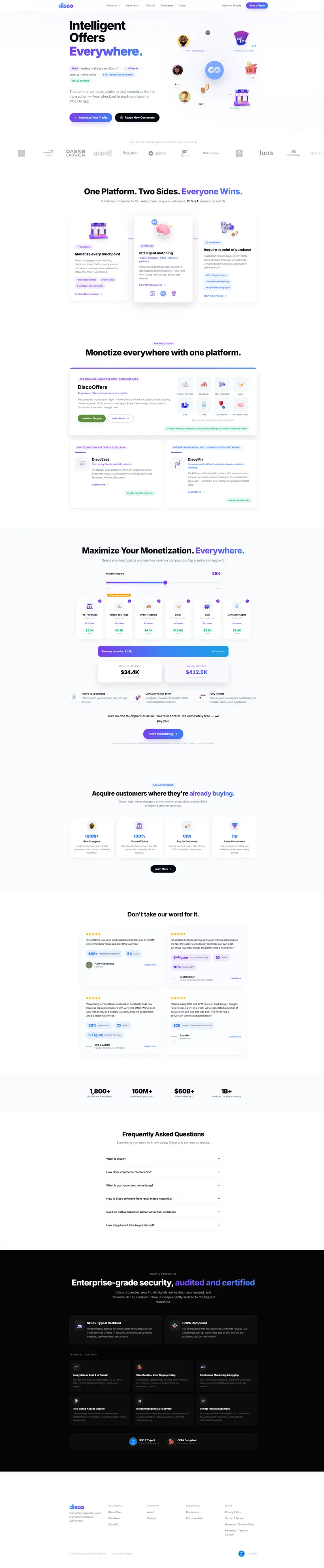 Disco — Commerce Media Network for Post-Purchase & Beyond website screenshot