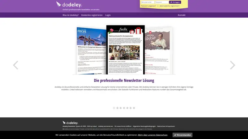 dodeley.com - Die professionelle Newsletter Lösung, Kostenloser E-Mail Service, Newslettertool Schweiz, Einfache Newsletterverwaltung, Benutzerfreundliches Newslettersystem website screenshot