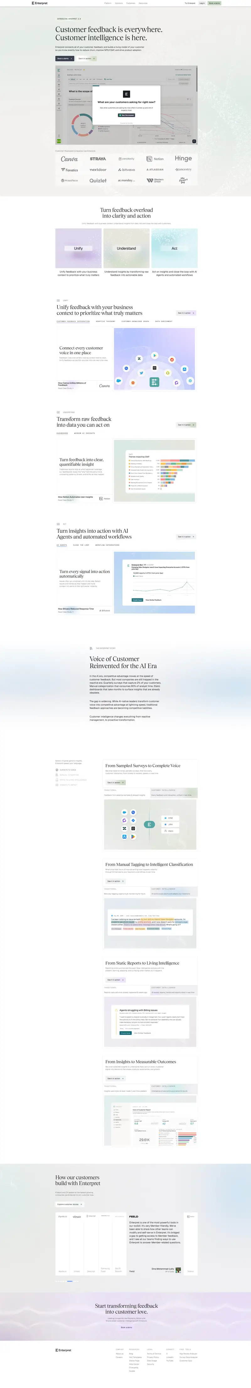 Enterpret - AI Voice of Customer Software | Product & CX website screenshot