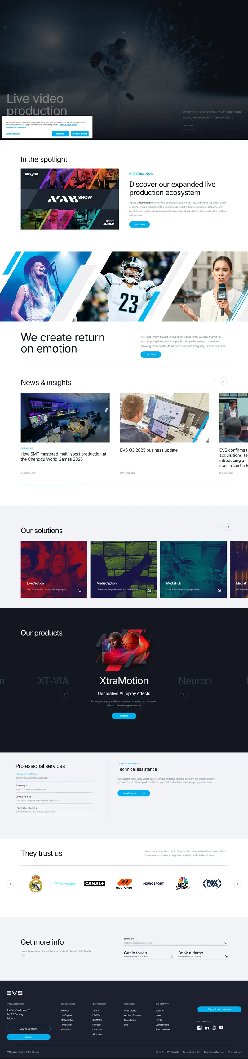 Live video production solutions | EVS website screenshot