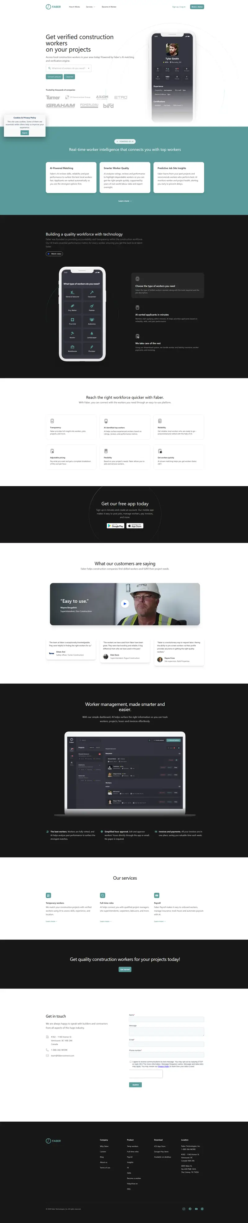 Work in Construction or Find Workers Today - Faber Connect website screenshot