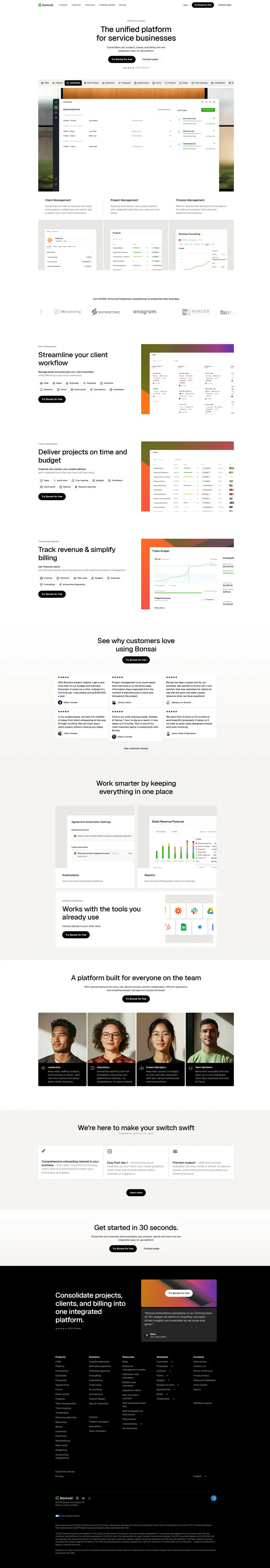 Bonsai - Business management software website screenshot