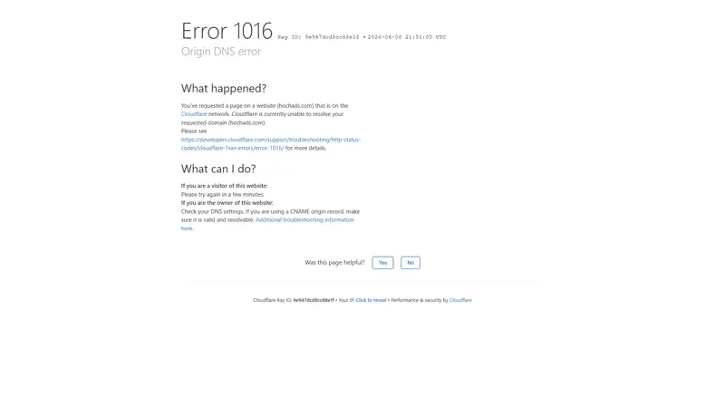 Origin DNS error | hochads.com | Cloudflare website screenshot