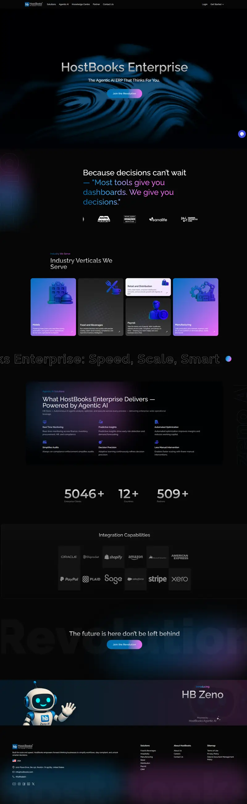 HostBooks: Agentic AI ERP Solutions for Enterprises website screenshot