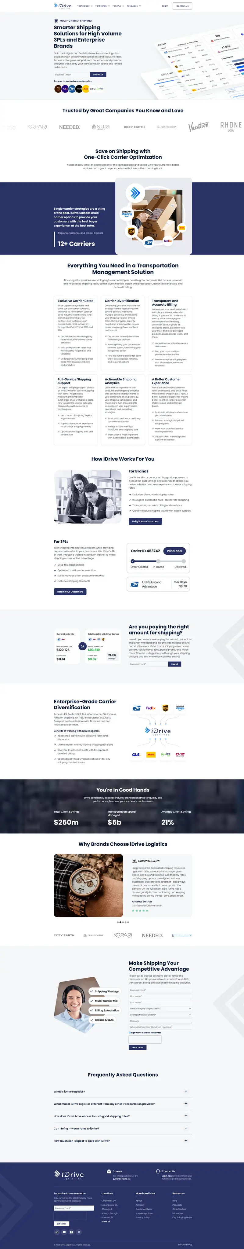 Small Parcel Shipping Solutions for $1M+ Shippers - iDrive Logistics website screenshot