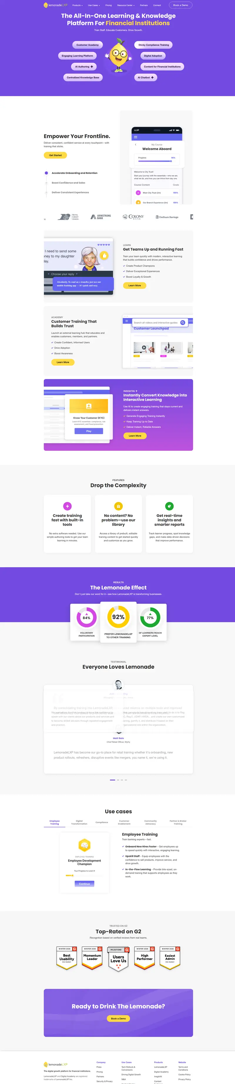 LemonadeLXP - All-In-One Learning & Knowledge Platform for Financial Institutions website screenshot