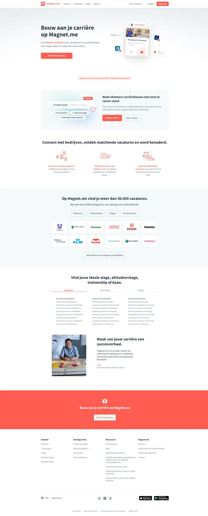 Vind jouw perfecte baan, traineeship of stage | Magnet.me website screenshot