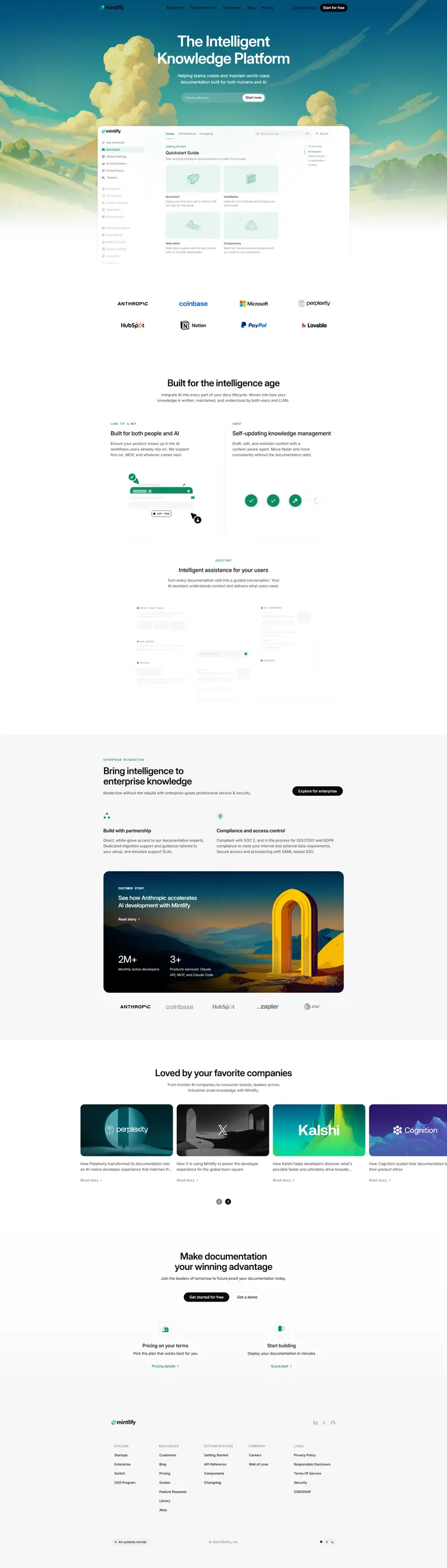 Mintlify - The Intelligent Knowledge Platform website screenshot