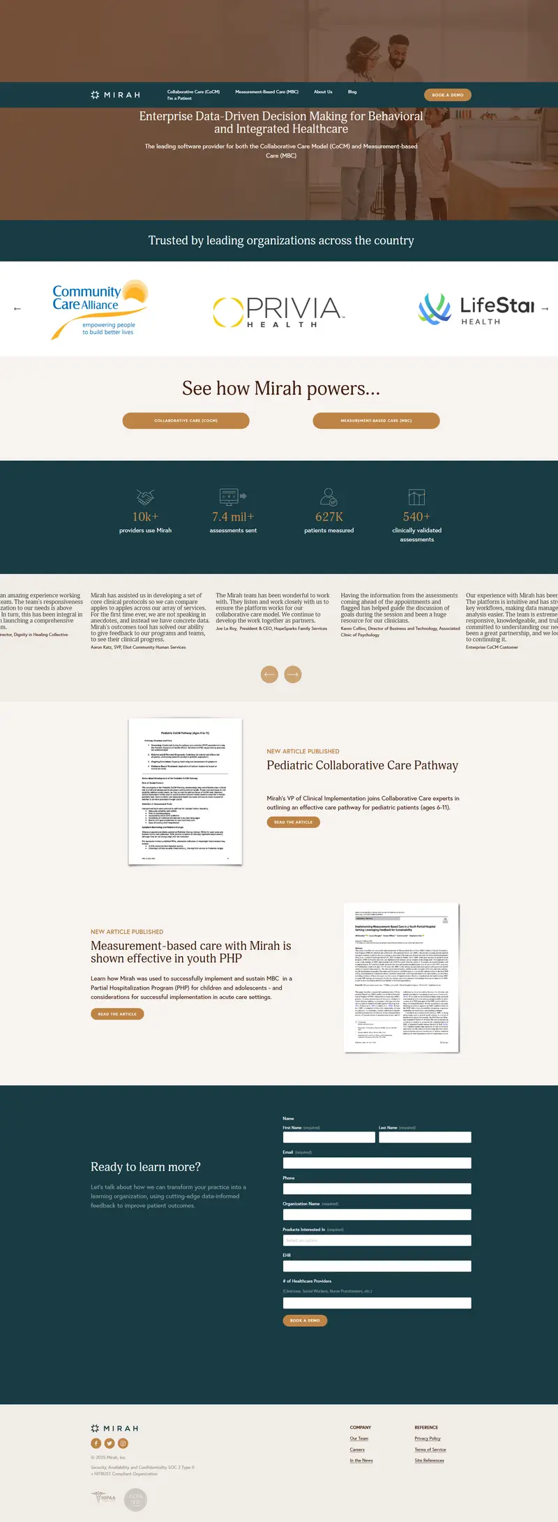 Mirah — Powering Behavioral Health Integration website screenshot