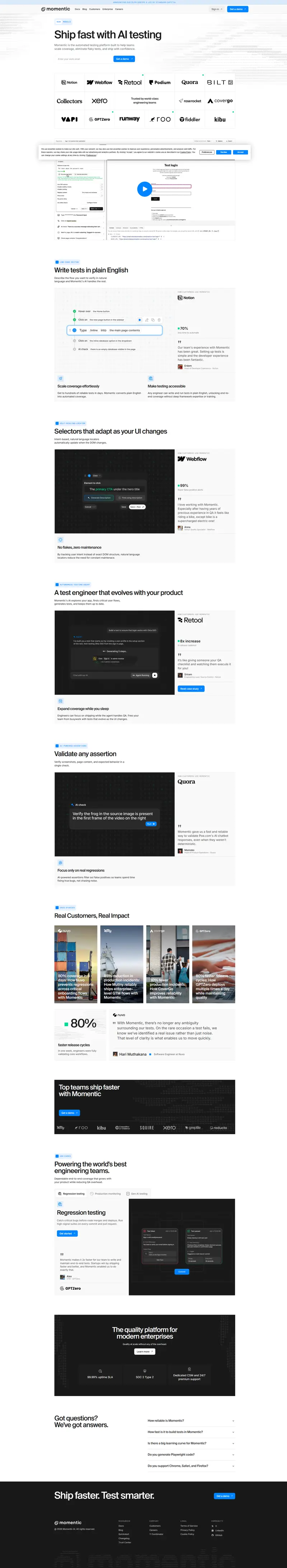 AI-Powered Testing Tool for Web & Mobile | Momentic website screenshot