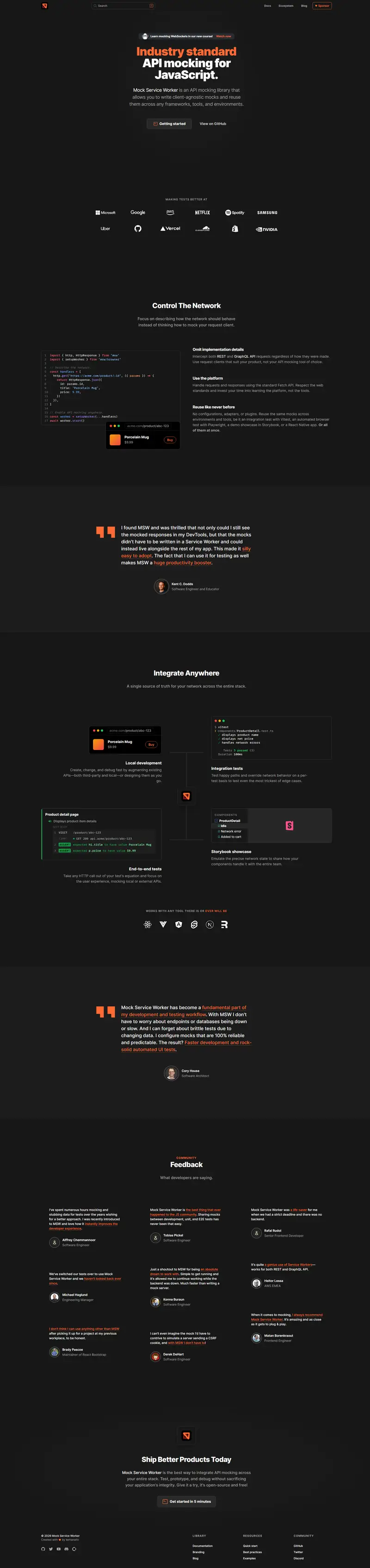 Mock Service Worker - API mocking library for browser and Node.js website screenshot
