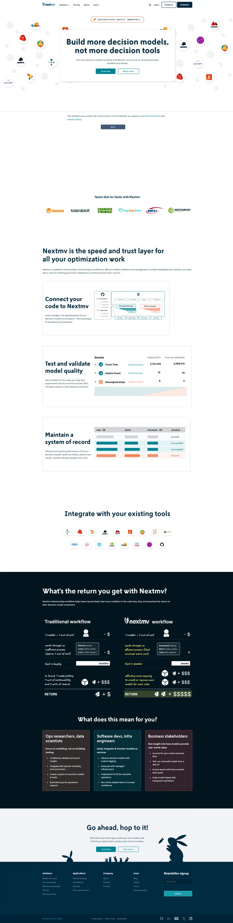 DecisionOps platform for accelerating decision model development | Nextmv website screenshot