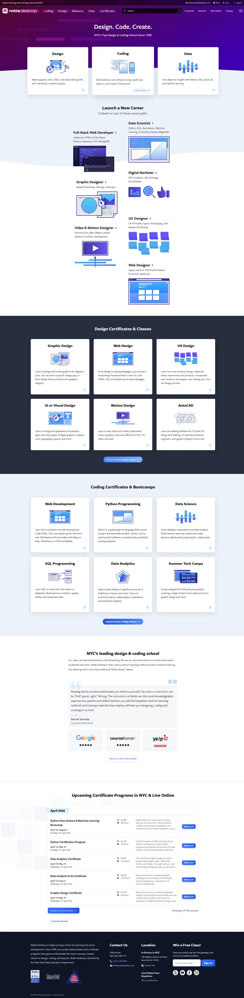 Noble Desktop | Design & Coding Classes and Certificate Programs website screenshot