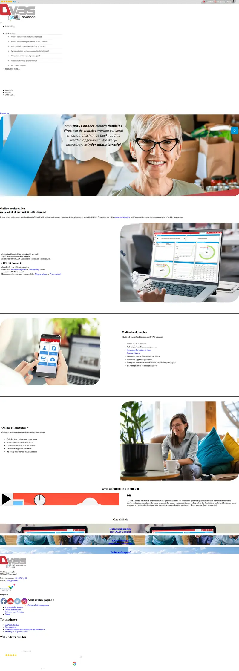 Online boekhouden en relatiebeheer - OVAS Solutions website screenshot