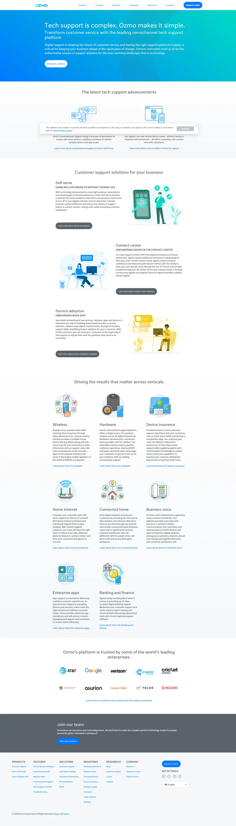 Ozmo: The comprehensive tech support platform for enterprises website screenshot