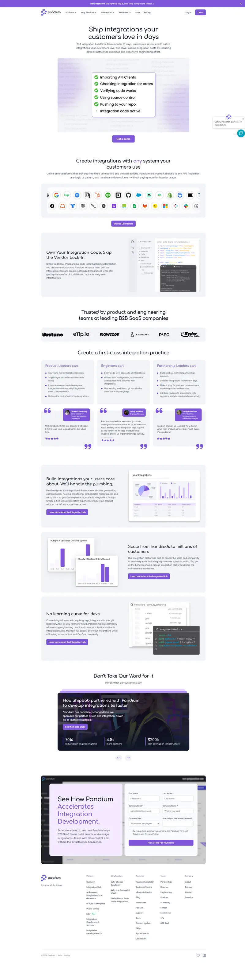Pandium Embedded iPaaS - Build & Launch SaaS Integrations Fast website screenshot