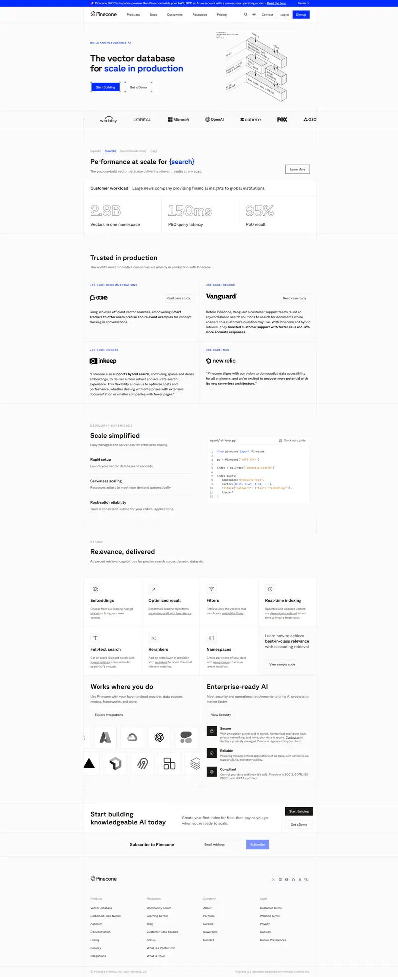 The vector database to build knowledgeable AI | Pinecone website screenshot