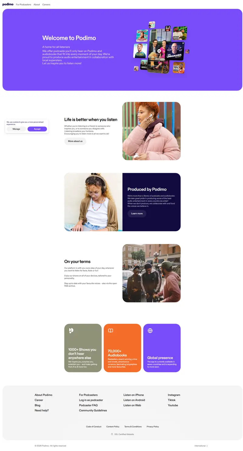 Podimo: Listen to Podcasts and Thousands of Audiobooks website screenshot