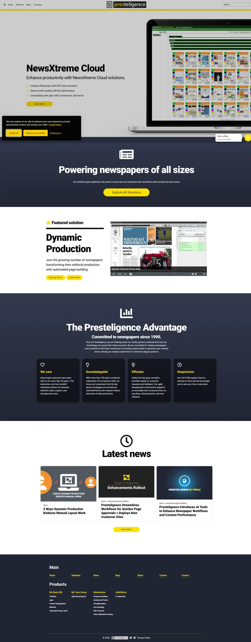 Newspaper prepress and editorial software solutions | Presteligence website screenshot