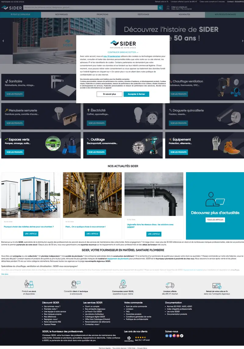 SIDER - Fournisseur Plomberie Sanitaire Electricité pour Pros - Sider.biz website screenshot