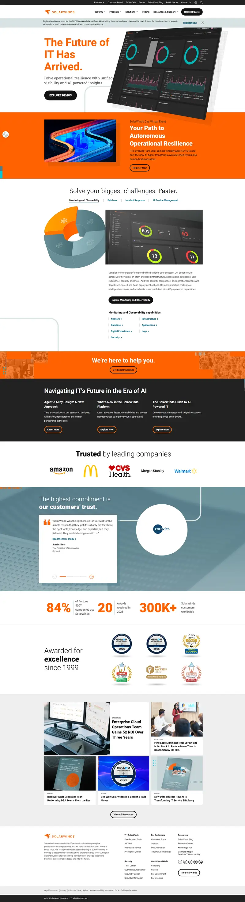 Observability, Database, and IT Service Management | SolarWinds website screenshot