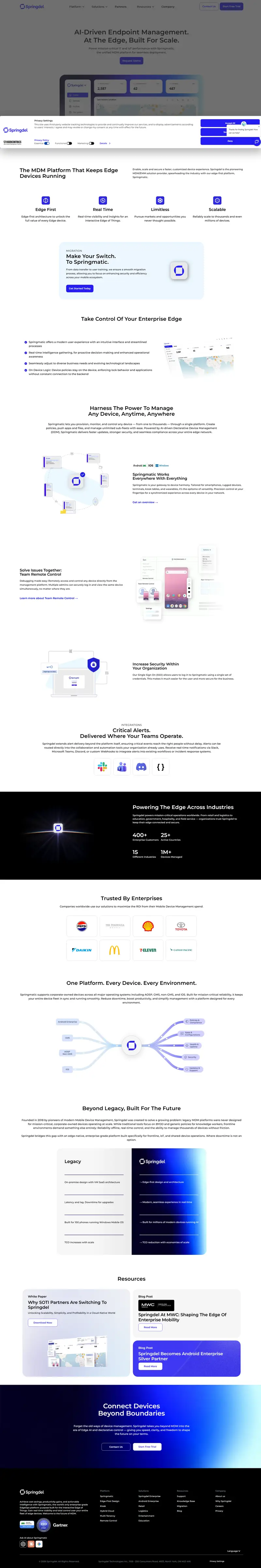 Springdel - Unified Endpoint Management. At the Edge. website screenshot
