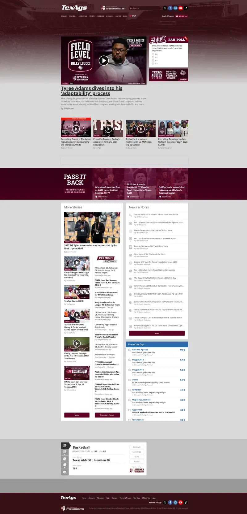 TexAgs - Texas A&M Football, Recruiting, News & Forums website screenshot
