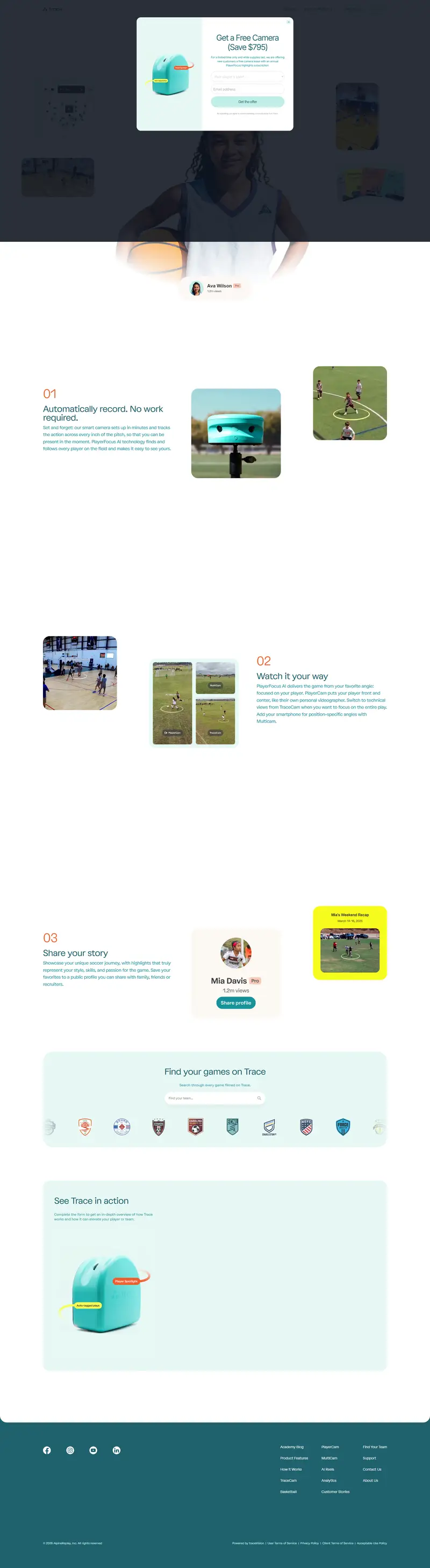 Trace: The Ultimate Soccer Camera website screenshot