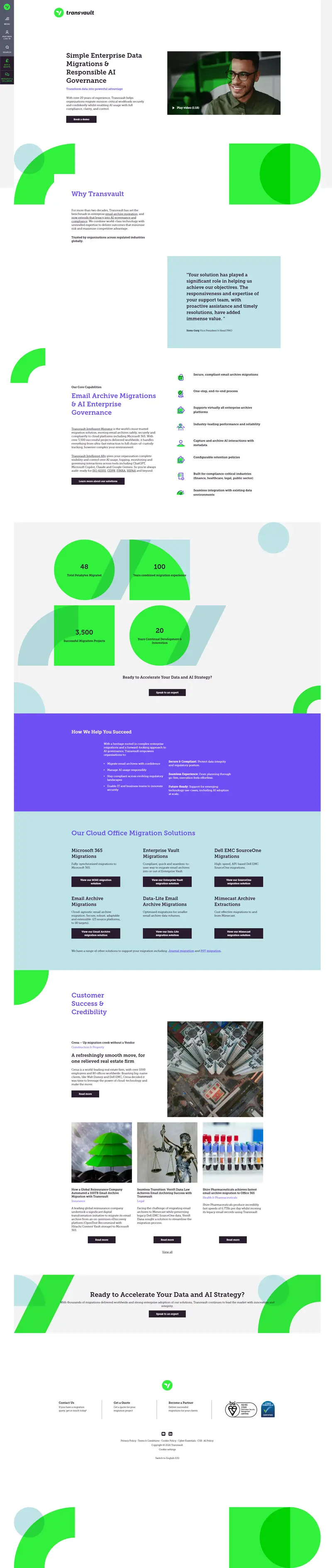 Transvault - Simple Enterprise Data Migrations & AI Governance website screenshot