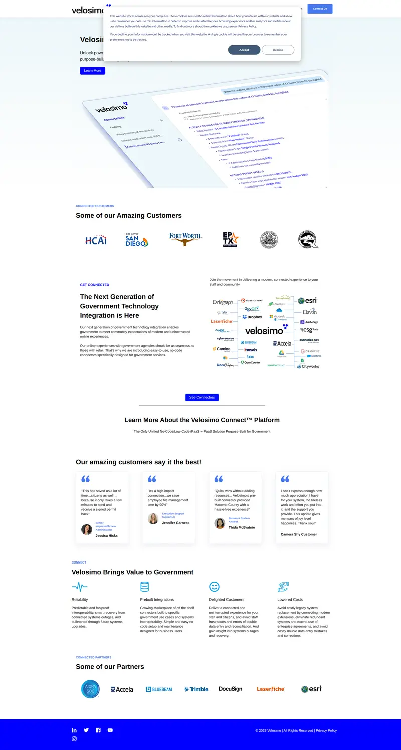 Government Integration Solutions | Velosimo website screenshot