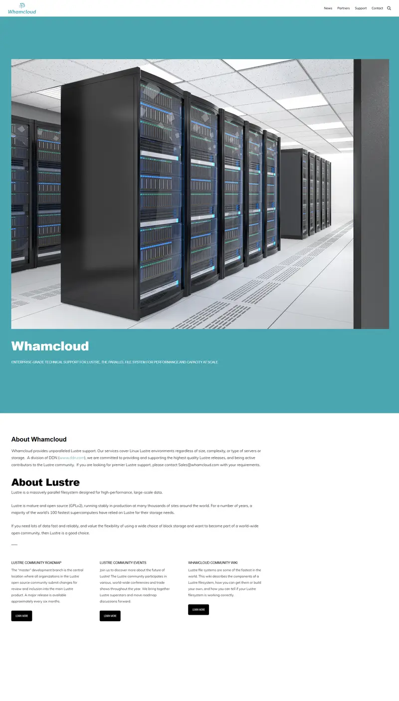Whamcloud – Enterprise-grade technical support for Lustre website screenshot