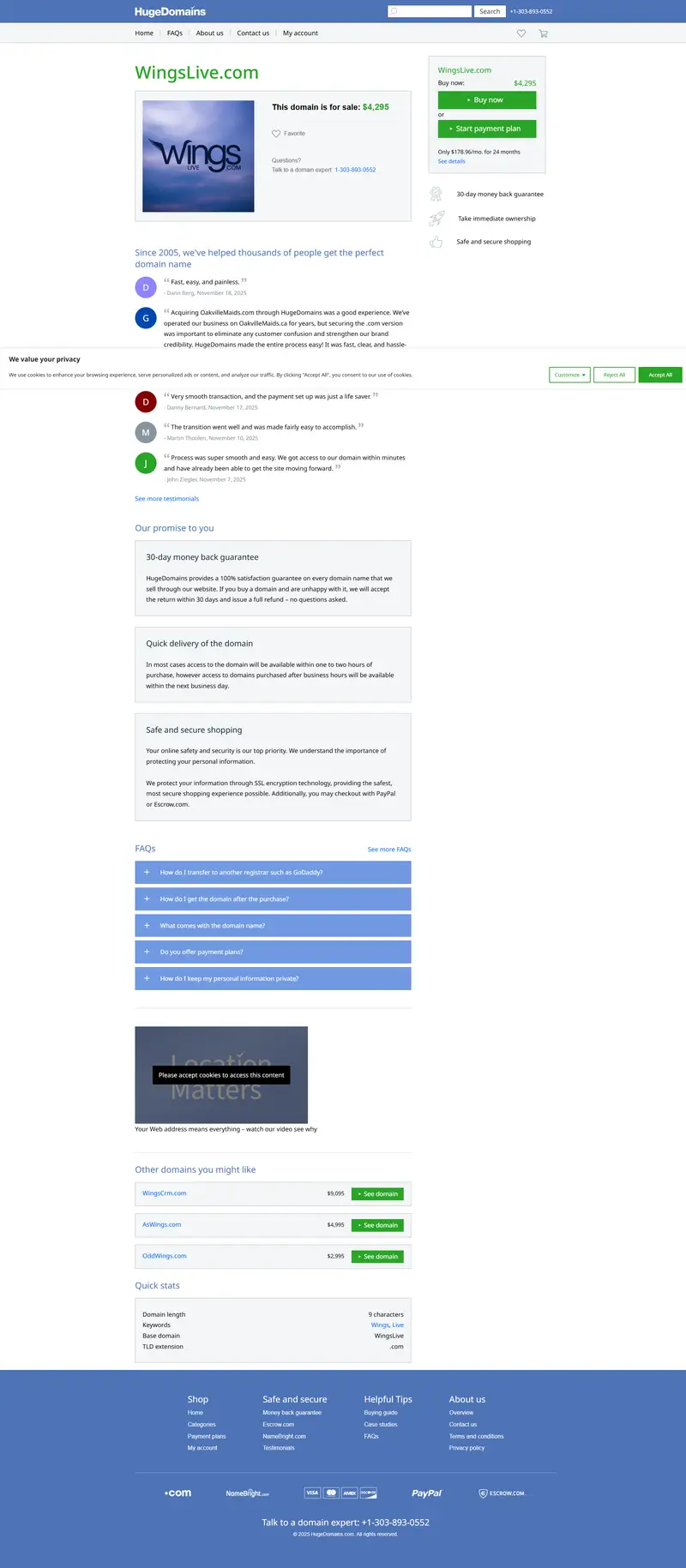 WingsLive.com is for sale | HugeDomains website screenshot