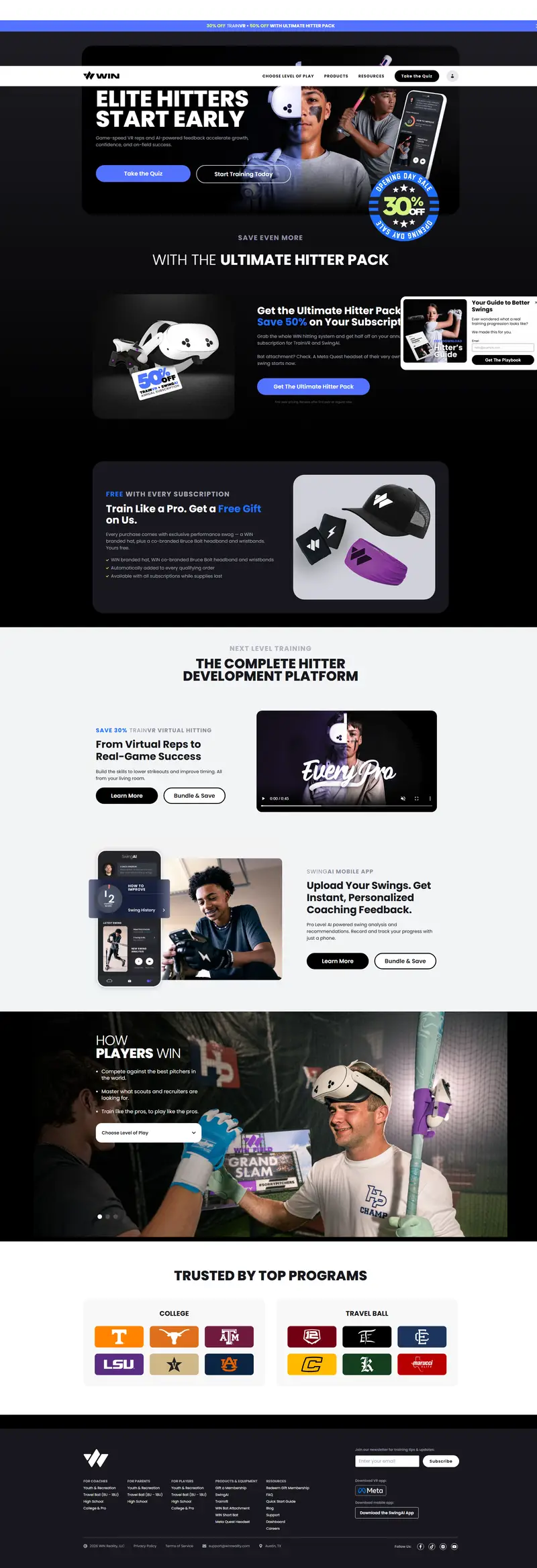 VR + AI Baseball & Softball Training website screenshot