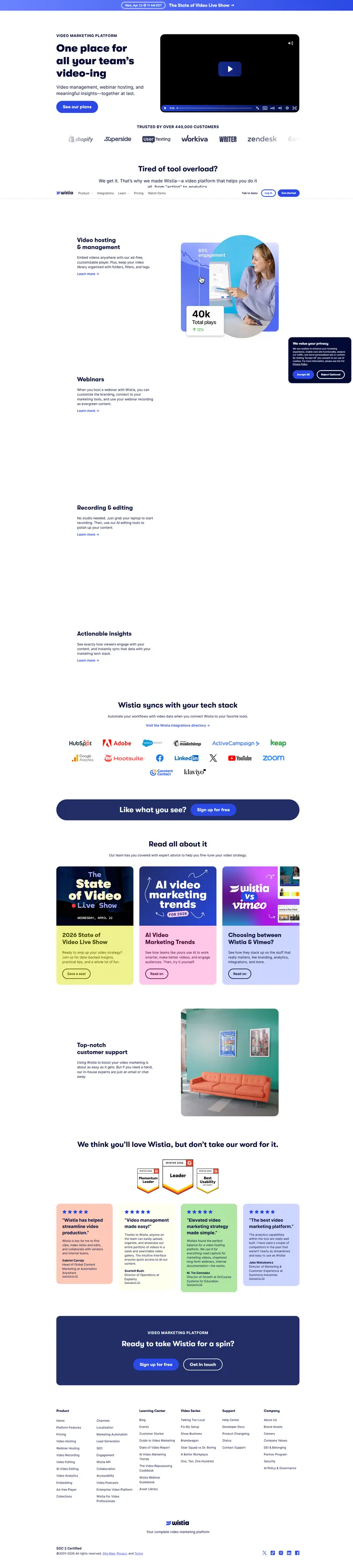 The Video Marketing Platform for Businesses | Wistia website screenshot