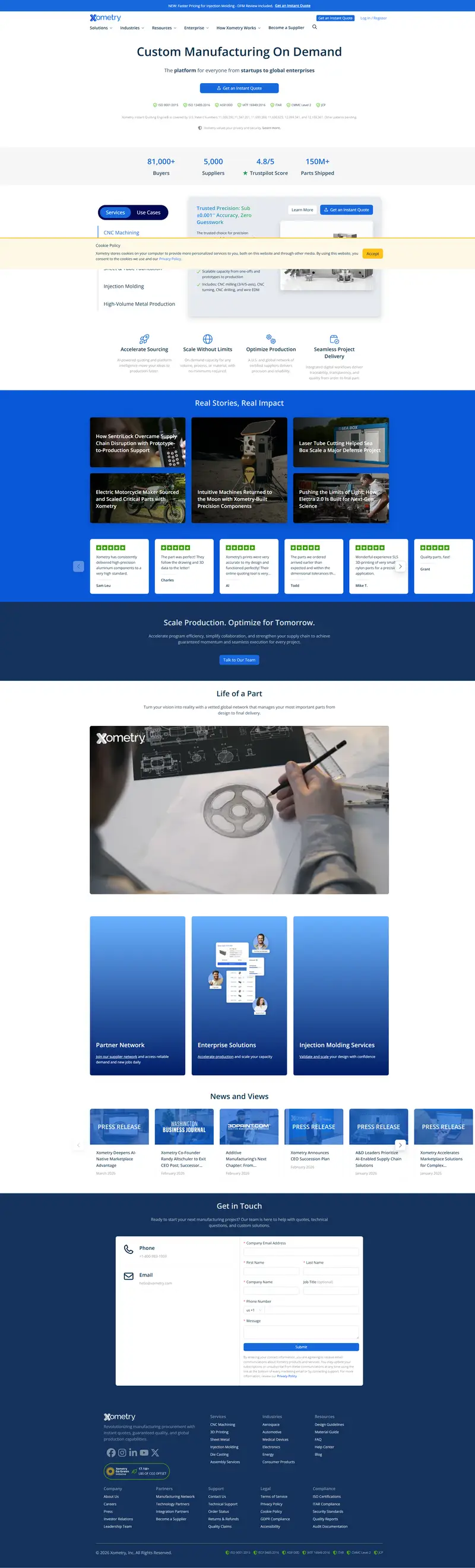 Custom Manufacturing on Demand | Production Parts and Prototypes | Xometry website screenshot