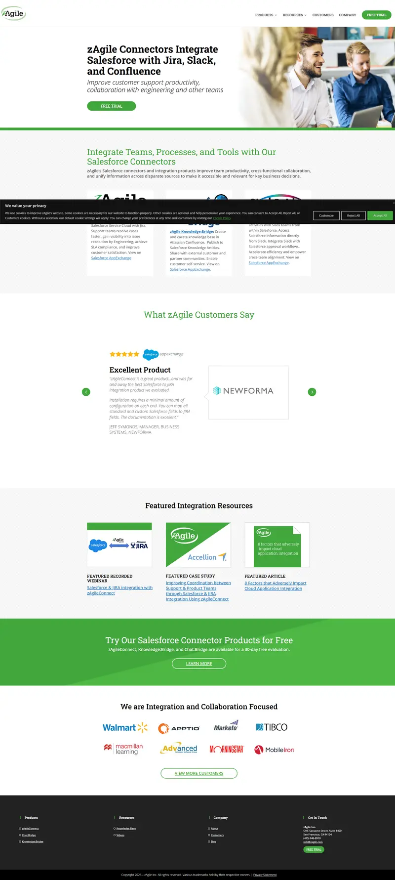 Salesforce Connectors for Jira, Confluence, and Slack Integration - zAgile website screenshot