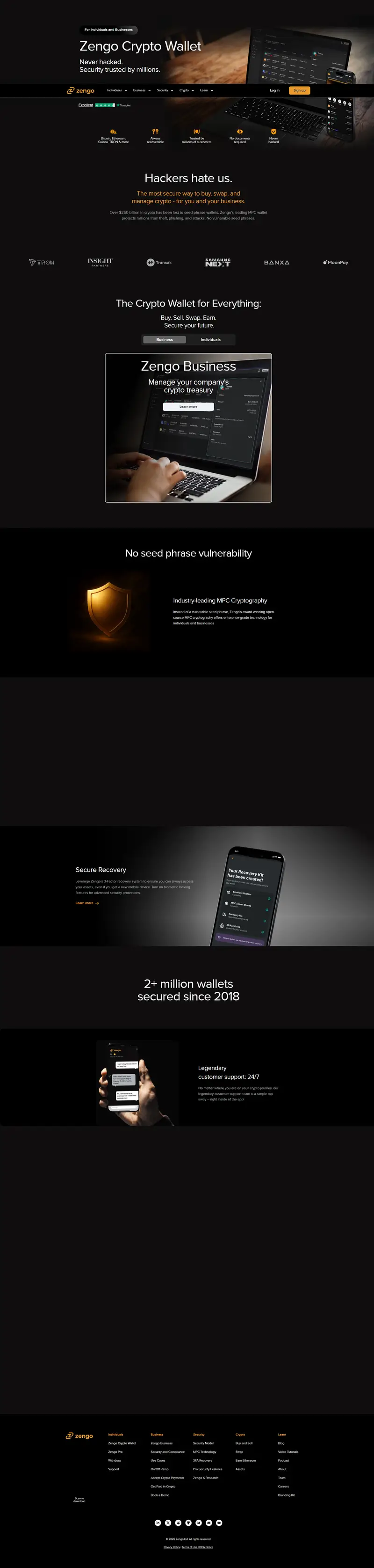 Zengo Crypto Wallet: Secure by default website screenshot