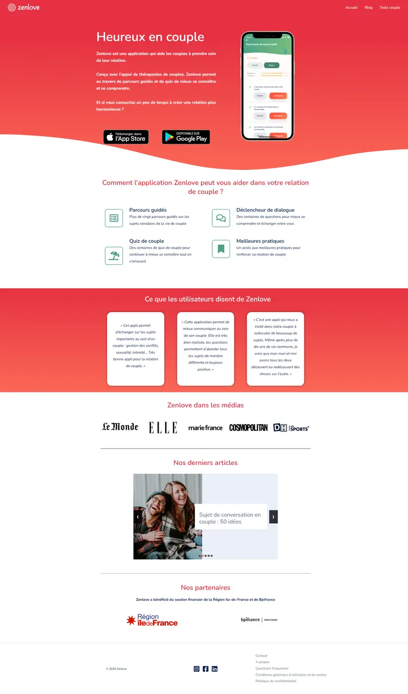 Zenlove, l'application de la relation de couple website screenshot