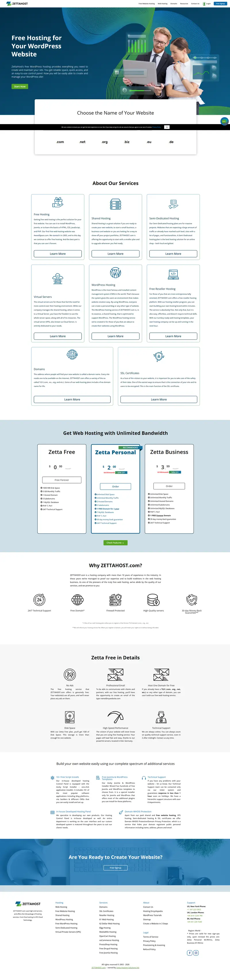 Free Hosting - ZETTAHOST.com website screenshot